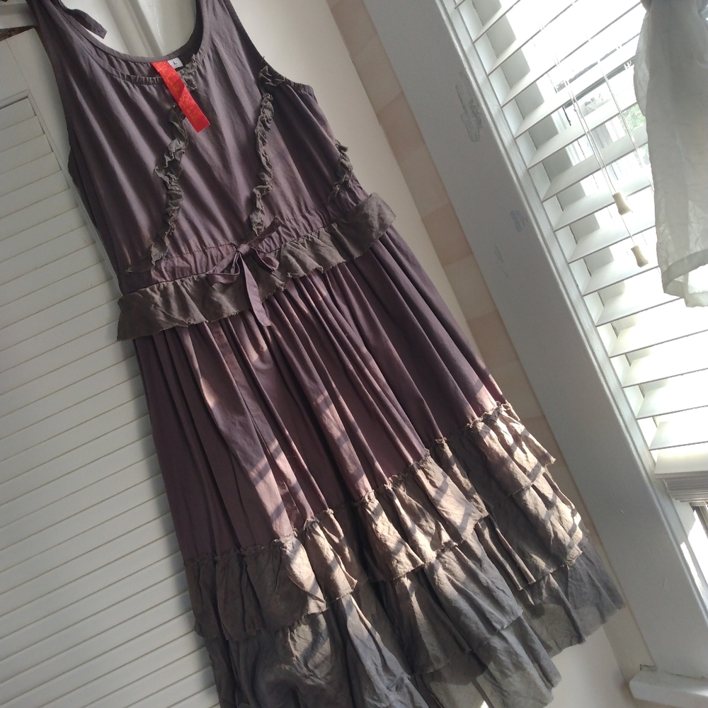 EWA I WALLA DRESS GRAY/GREEN RUFFLES DRAWSTRING ADJUSTABLE WAIST HEAVY COTTON